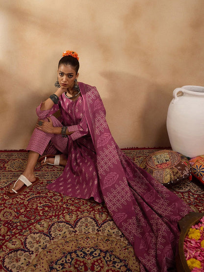 Ethnic Motifs Printed Pure Cotton Straight Kurta with Trousers & Dupatta