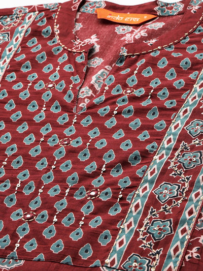 Indyancart IE Ethnic Motifs Printed Pure Cotton Kurta with Trousers