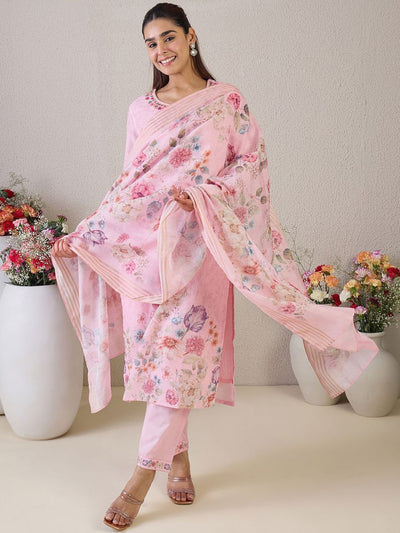 Dhiyona IE Women Floral Embroidered Linen Kurta with Trousers & Dupatta