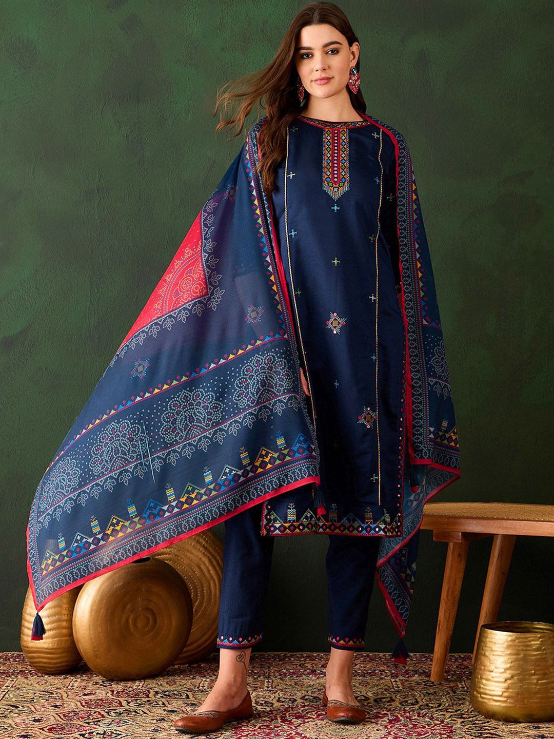 Indyancart SN Women's Geometric Embroidered Sequinned Straight Kurta & Trouser With Dupatta