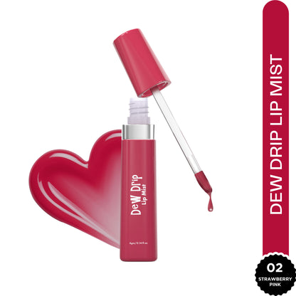 GLAM21 Dew Drip Lip Mist in 02 Strawberry Pink, featuring a sleek bottle with pink liquid and a clear applicator.