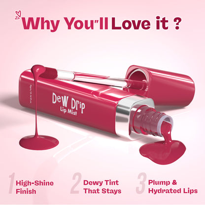GLAM21 Dew Drip Lip Mist in 02 Strawberry Pink, showing a sleek bottle with pink liquid and applicator brush for glossy lips.