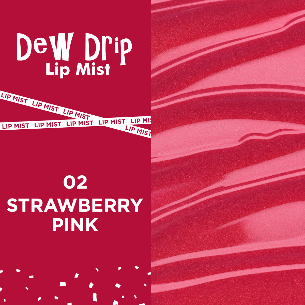 GLAM21 Dew Drip Lip Mist in 02 Strawberry Pink, showing a clear lip gloss tube with pink tinted liquid and applicator wand.