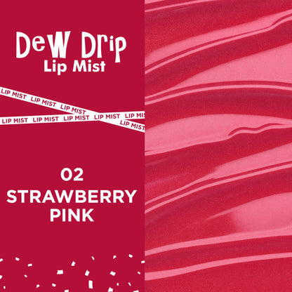 GLAM21 Dew Drip Lip Mist in 02 Strawberry Pink, showing a clear lip gloss tube with pink tinted liquid and applicator wand.