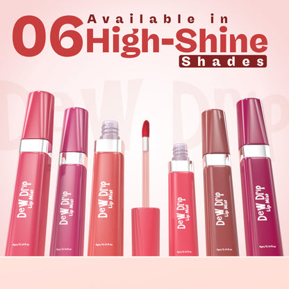 GLAM21 Dew Drip Lip Mist in 02 Strawberry Pink showing a clear bottle with pink liquid and applicator brush.