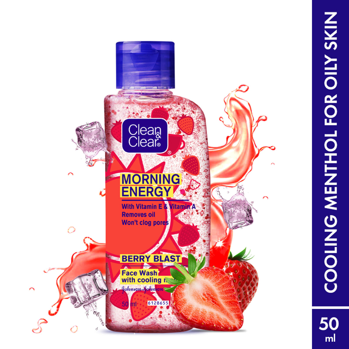 Clean & Clear Morning Energy Berry Blast face wash with menthol, gentle cleanser for oily skin, showing the product bottle and berry flavor.