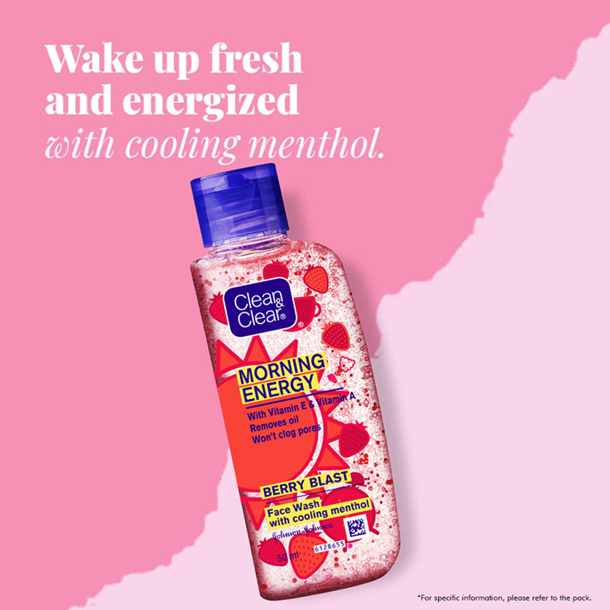 Clean & Clear Morning Energy Berry Blast face wash with menthol for oily skin, showing the product bottle and fresh berries.