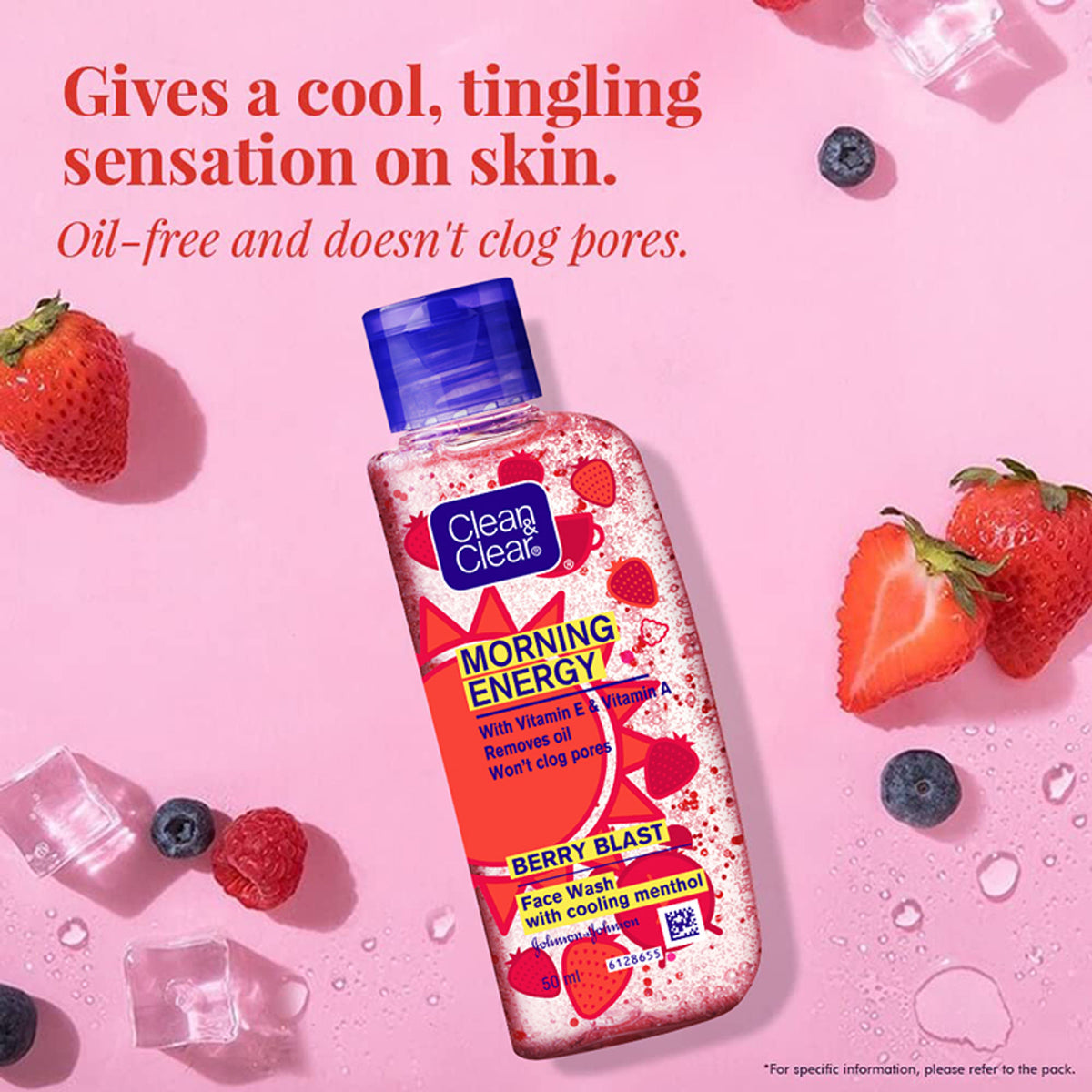 Clean & Clear Morning Energy Berry Blast face wash with menthol, gentle cleanser for oily skin, visible berry-infused gel in a tube