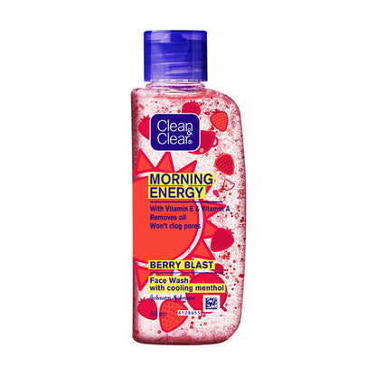 Clean & Clear Morning Energy Berry Blast face wash with menthol, gentle cleanser for oily skin, showing the product bottle with berry graphics.
