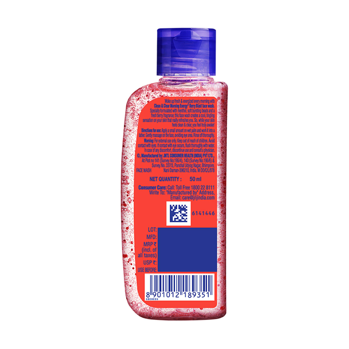 Clean & Clear Morning Energy Berry Blast face wash with menthol, gentle cleanser for oily skin, shown in a bright tube.
