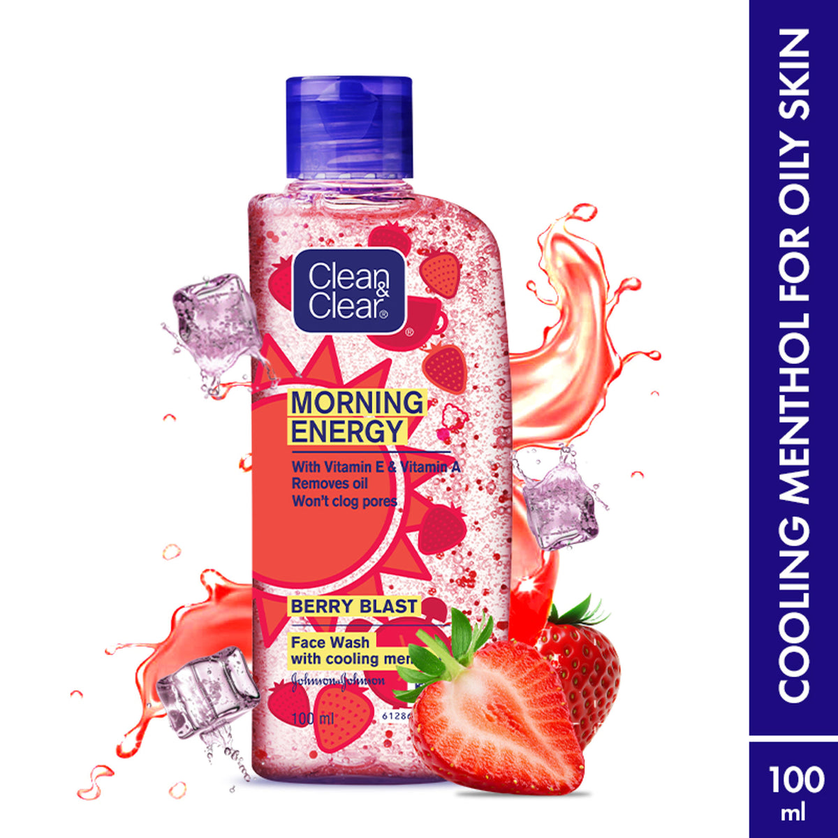Clean & Clear Morning Energy Berry Blast face wash with menthol, gentle cleanser for oily skin, shown in a clear plastic bottle.
