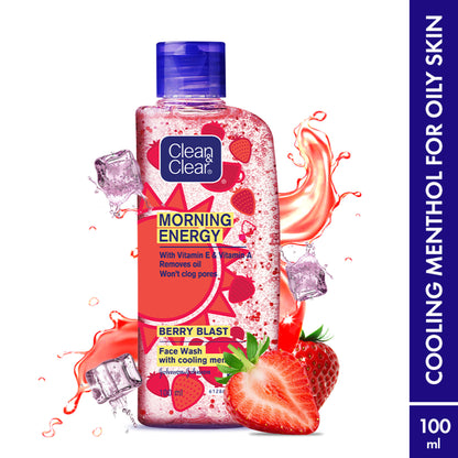 Clean & Clear Morning Energy Berry Blast face wash with menthol, gentle cleanser for oily skin, shown in a clear plastic bottle.