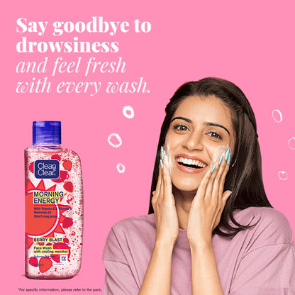 Clean & Clear Morning Energy Berry Blast face wash with menthol, gentle cleanser for oily skin, featuring berry and menthol ingredients.