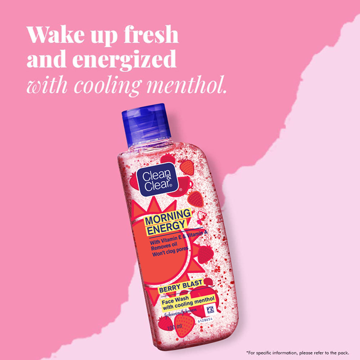 Clean & Clear Morning Energy Berry Blast face wash with menthol, gentle cleanser for oily skin, showing the product bottle and berries.