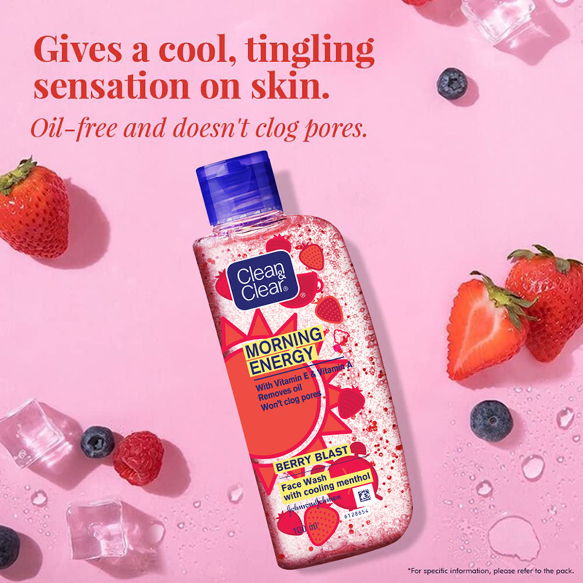 Clean & Clear Morning Energy Berry Blast face wash with menthol, gentle cleanser for oily skin, shown in a clear bottle with berry scent