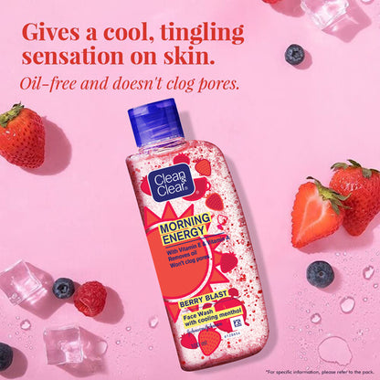 Clean & Clear Morning Energy Berry Blast face wash with menthol, gentle cleanser for oily skin, shown in a clear bottle with berry scent