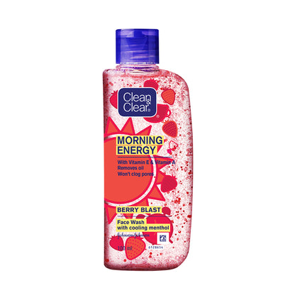 Clean & Clear Morning Energy Berry Blast face wash with menthol, gentle cleanser for oily skin, showing the product bottle with berry flavor elements.