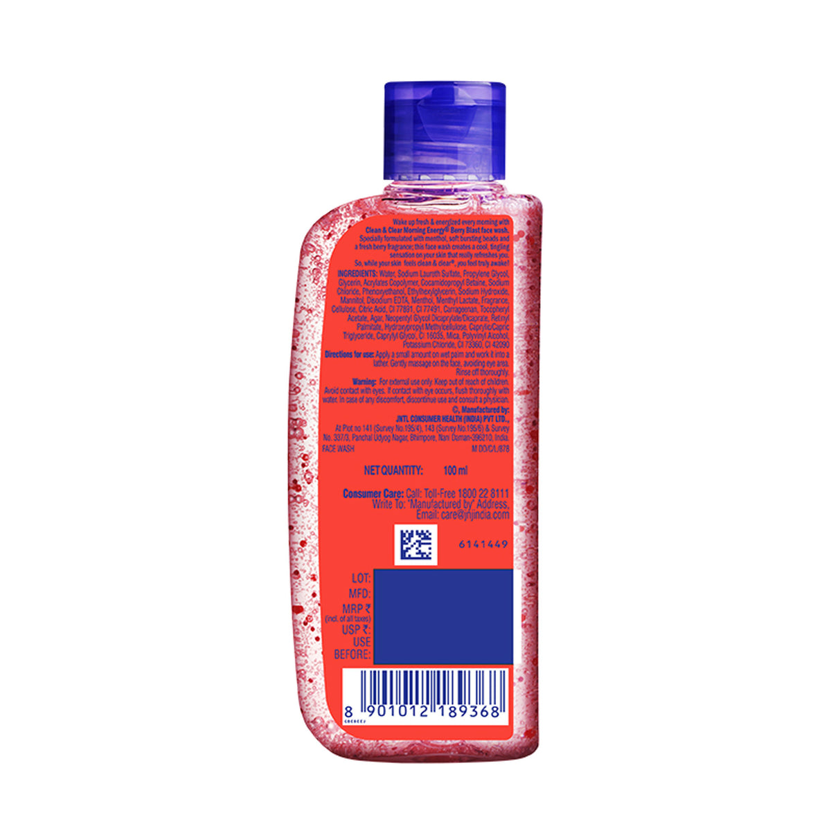 Clean & Clear Morning Energy Berry Blast face wash with menthol, gentle cleanser for oily skin, visible in the image with berry extract.