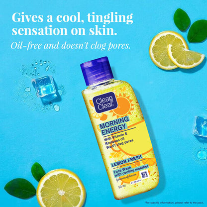 Clean & Clear Morning Energy Lemon Fresh face wash with menthol, gentle cleanser for oily skin, showing the product bottle with lemon slices.