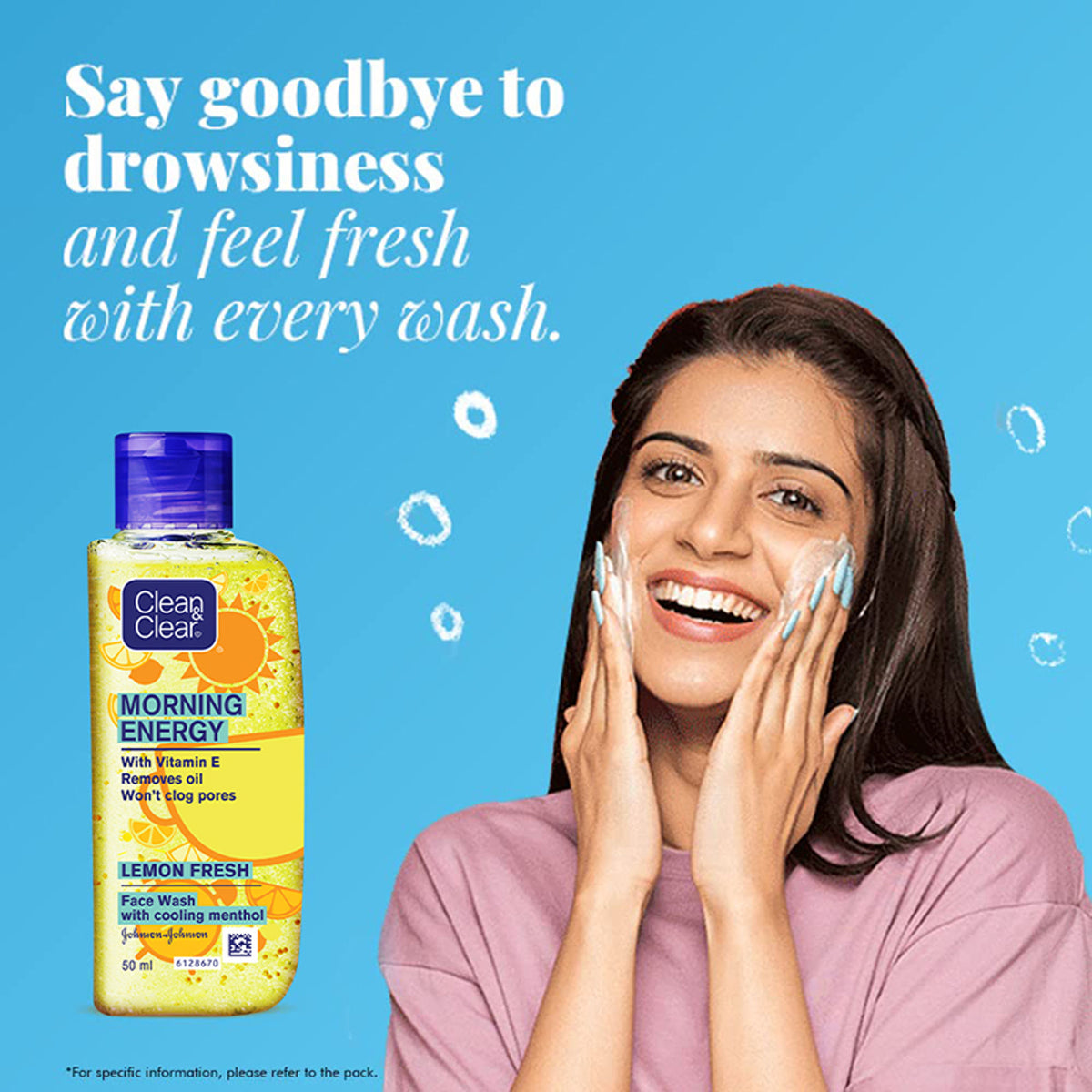 Clean & Clear Morning Energy Lemon Fresh face wash with menthol, gentle cleanser for oily skin, visible lemon slices and foamy lather
