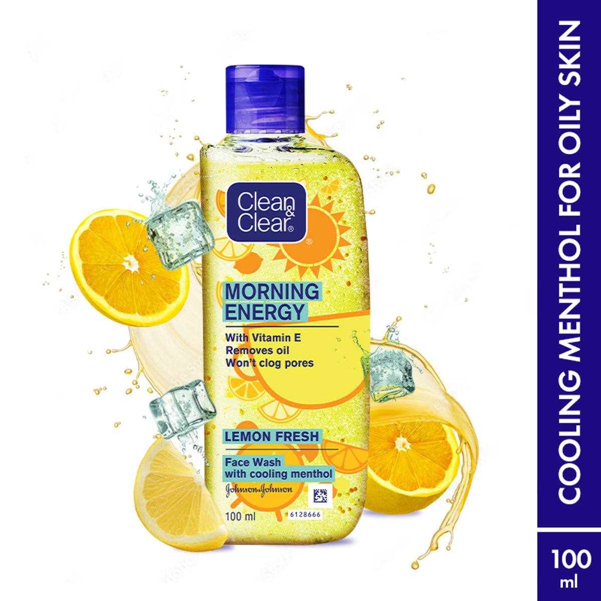 Clean & Clear Morning Energy Lemon Fresh face wash with menthol, gentle cleanser for oily skin, shown in a tube with lemon imagery.