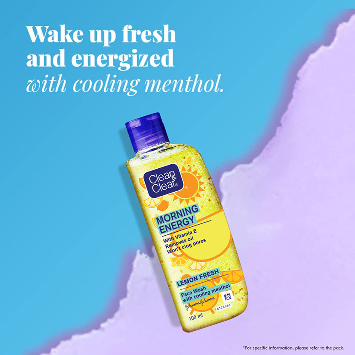 Clean & Clear Morning Energy Lemon Fresh face wash with menthol, gentle cleanser for oily skin, showing the product bottle and lemon slices.
