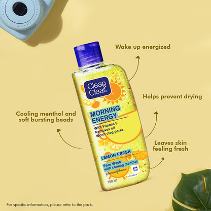 Clean & Clear Morning Energy Lemon Fresh face wash with menthol, gentle cleanser for oily skin, shown in a clear bottle with lemon imagery.