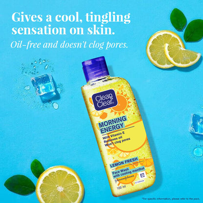 Clean & Clear Morning Energy Lemon Fresh face wash with menthol, gentle cleanser for oily skin, visible lemon slices and foaming texture.