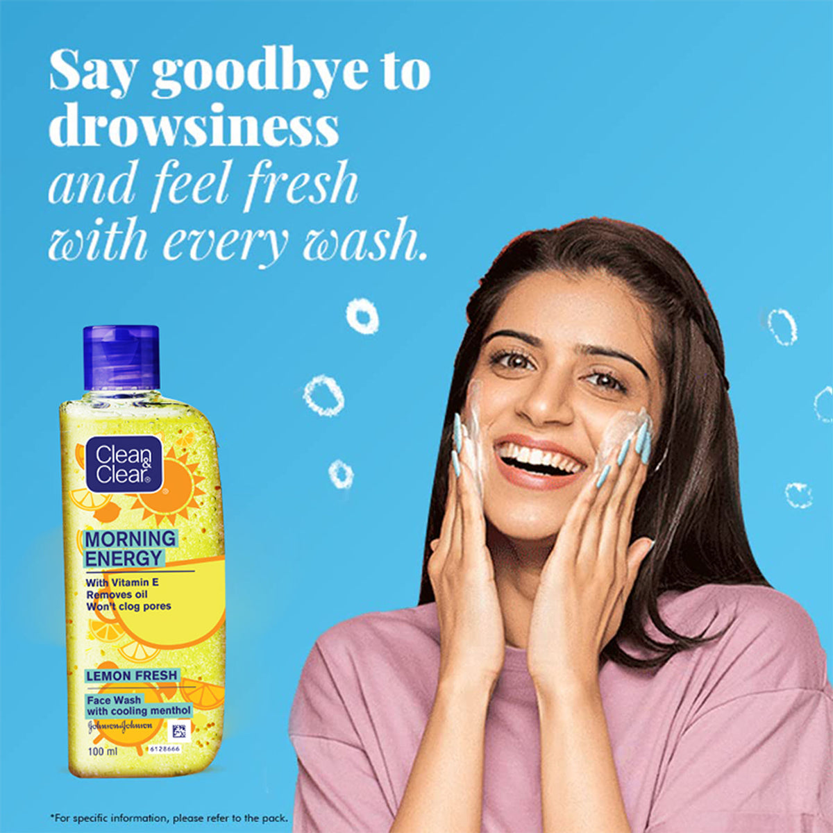 Clean & Clear Morning Energy Lemon Fresh face wash with menthol, gentle cleanser for oily skin, showcasing the product bottle and lemon slices.