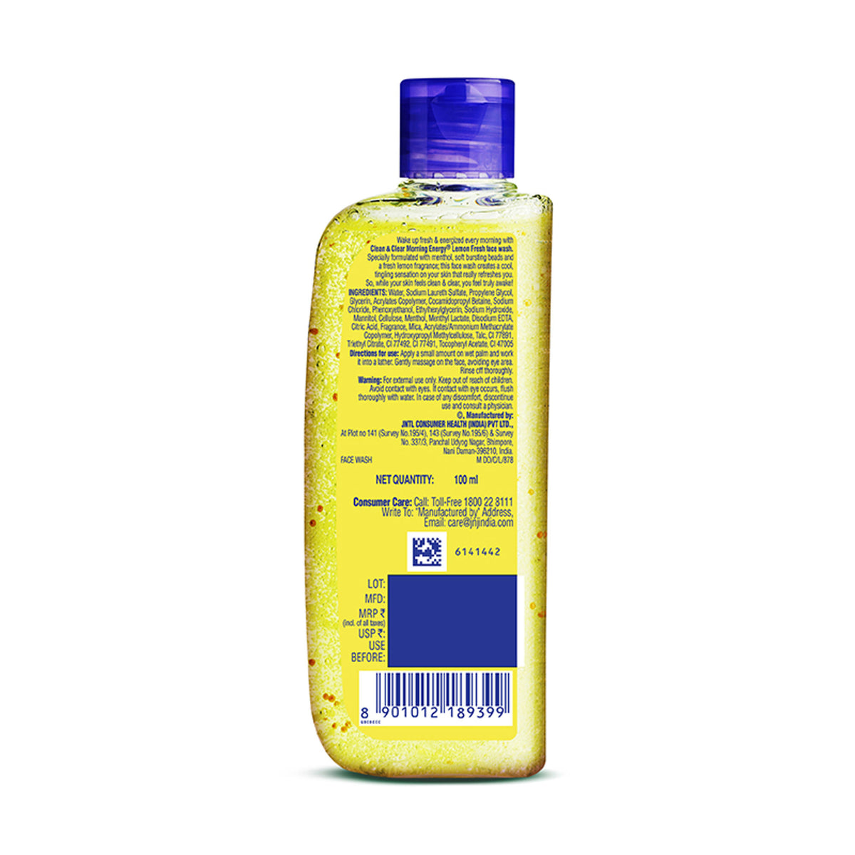 Clean & Clear Morning Energy Lemon Fresh face wash with menthol, gentle cleanser for oily skin, visible lemon slices and product bottle.