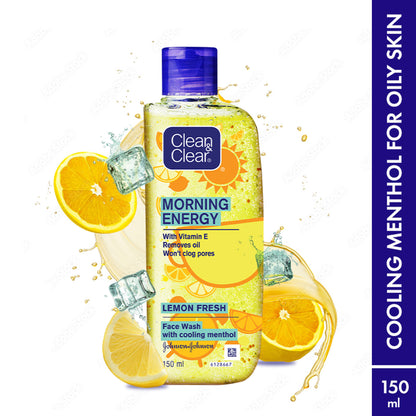 Clean & Clear Morning Energy Lemon Fresh Face Wash with menthol, gentle cleanser for oily skin, visible lemon slices and refreshing packaging