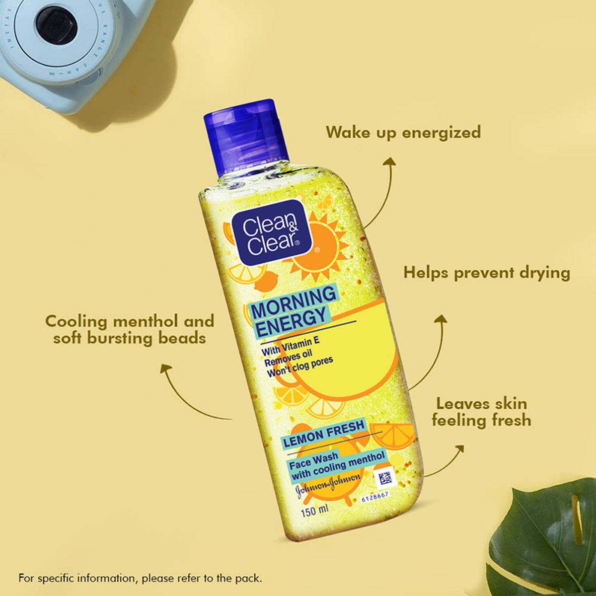 Clean & Clear Morning Energy Lemon Fresh face wash with menthol, gentle cleanser for oily skin, showing the product bottle with lemon slices.