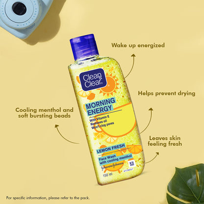 Clean & Clear Morning Energy Lemon Fresh face wash with menthol, gentle cleanser for oily skin, showing the product bottle with lemon slices.