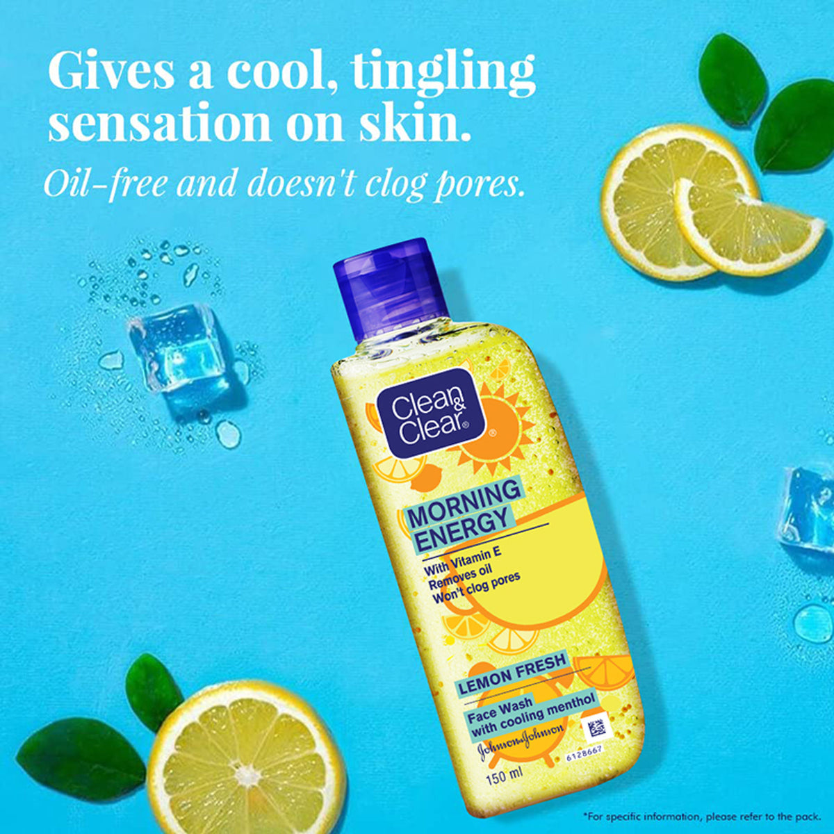 Clean & Clear Morning Energy Lemon Fresh face wash with menthol, gentle cleanser for oily skin, featuring a lemon scent and refreshing formula