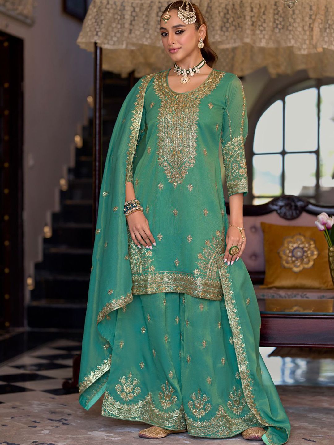 Indyancart IE Ethnic Motifs Embroidered Sequinned Straight Kurta Palazzos With Dupatta