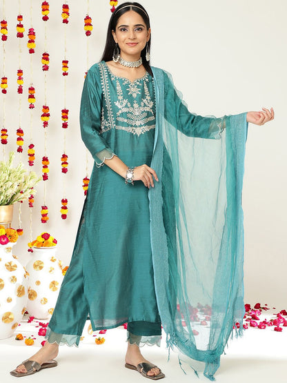 Indyancart VA Women'sEthnic Motifs Yoke Design A-Line Kurta With Trousers & Dupatta