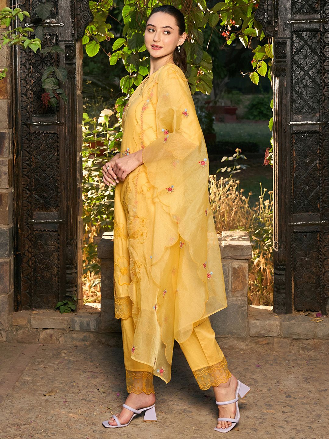 Floral Embroidered Pure Cotton Straight Kurta With Trousers & Dupatta