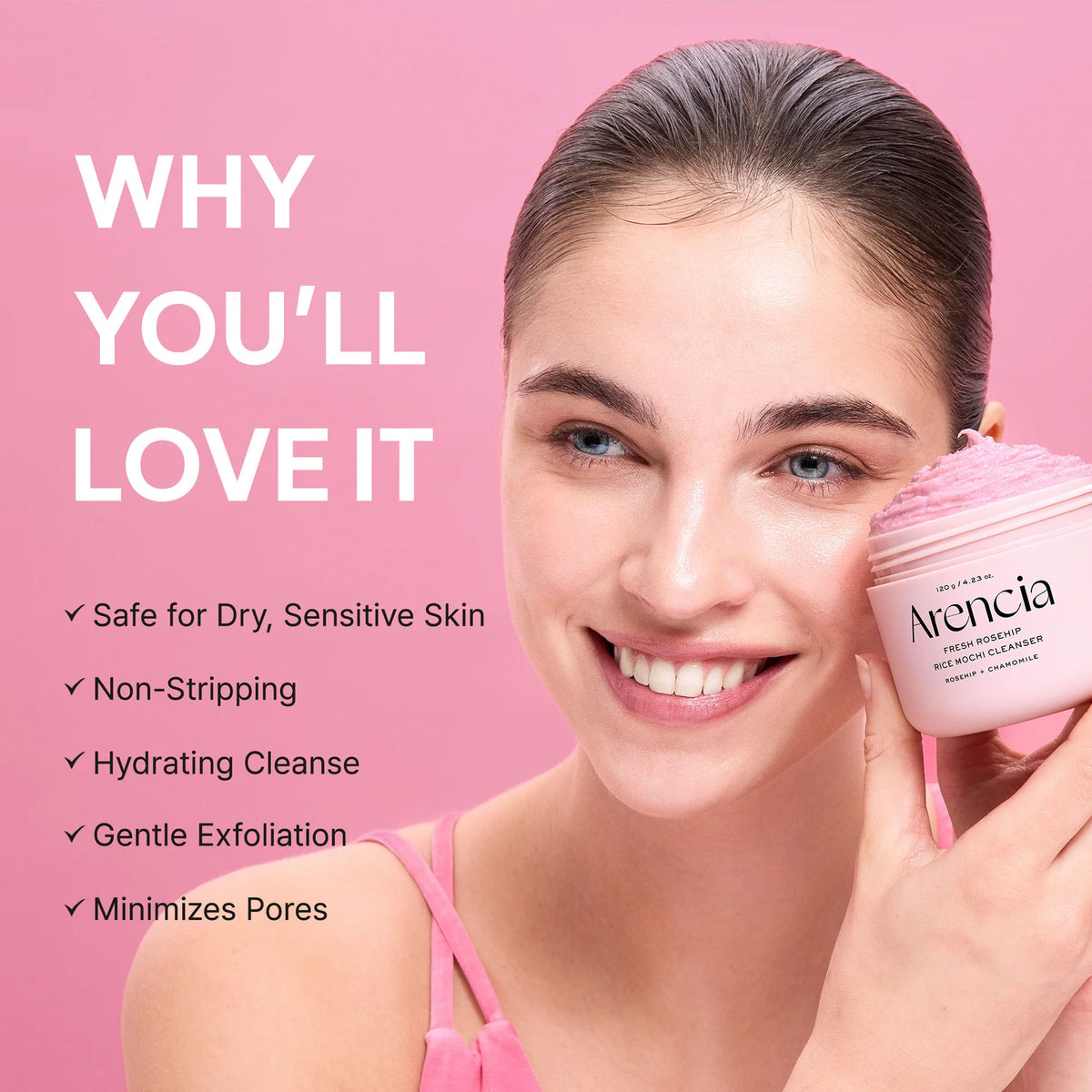 Arencia Fresh Rosehip Rice Mochi Cleanser - All-In-One Cleanser, Mask & Makeup Remover for Dull Skin