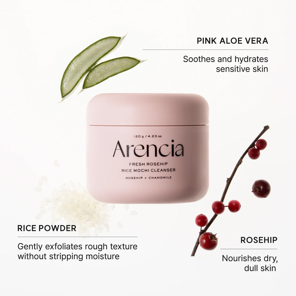 Arencia Fresh Rosehip Rice Mochi Cleanser - All-In-One Cleanser, Mask & Makeup Remover for Dull Skin