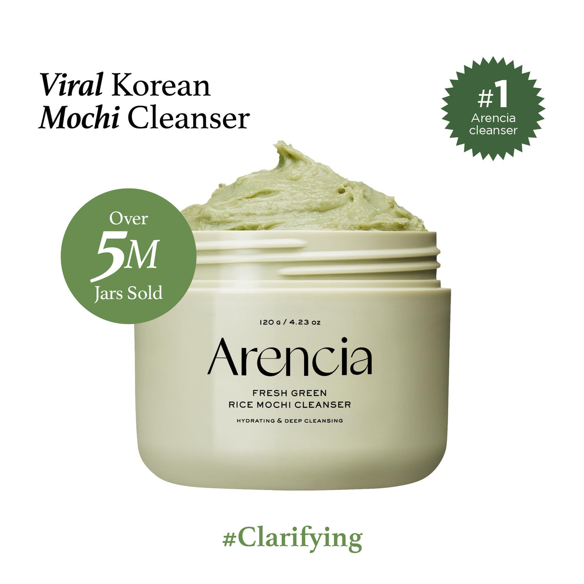 Arencia Fresh Green Rice Mochi Cleanser - Korean Cleanser, Mask & Makeup Remover, Reduces Blackheads