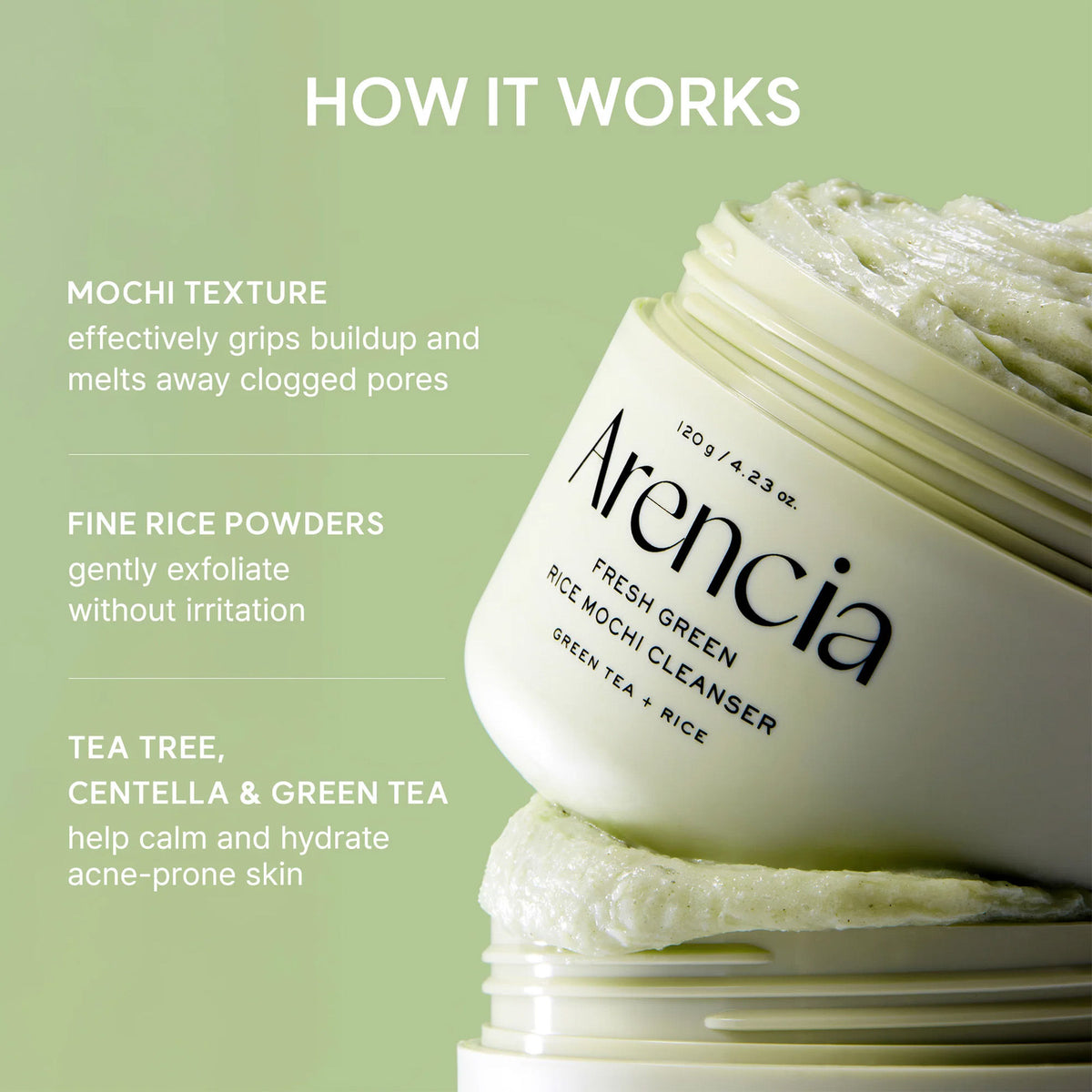 Arencia Fresh Green Rice Mochi Cleanser - Korean Cleanser, Mask & Makeup Remover, Reduces Blackheads