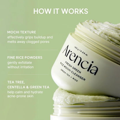 Arencia Fresh Green Rice Mochi Cleanser - Korean Cleanser, Mask & Makeup Remover, Reduces Blackheads
