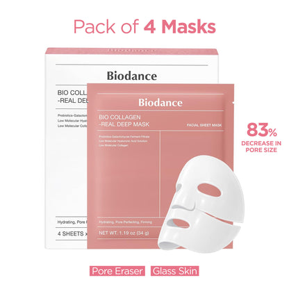 Biodance Bio-Collagen Real Deep Mask pack of 4, Korean anti-aging pore care overnight sheet masks, relaxing skincare treatment