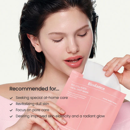 Biodance Bio-Collagen Real Deep Mask pack of 4, Korean anti-aging pore care overnight sheet masks with collagen and moisturizing ingredients.