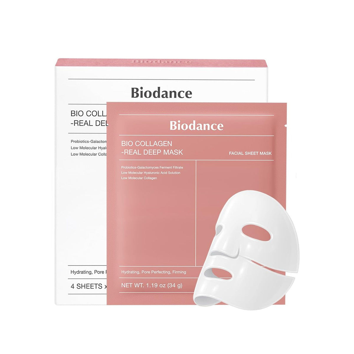 Biodance Bio-Collagen Real Deep Mask pack of 4, Korean anti-aging pore care overnight sheet masks on a flat surface.