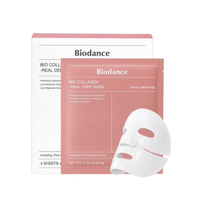 Biodance Bio-Collagen Real Deep Mask pack of 4, Korean anti-aging pore care overnight sheet masks on a flat surface.