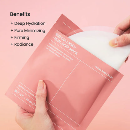 Biodance Bio-Collagen Real Deep Mask pack of 4, Korean anti-aging pore care overnight sheet masks, with collagen and hydrating ingredients.