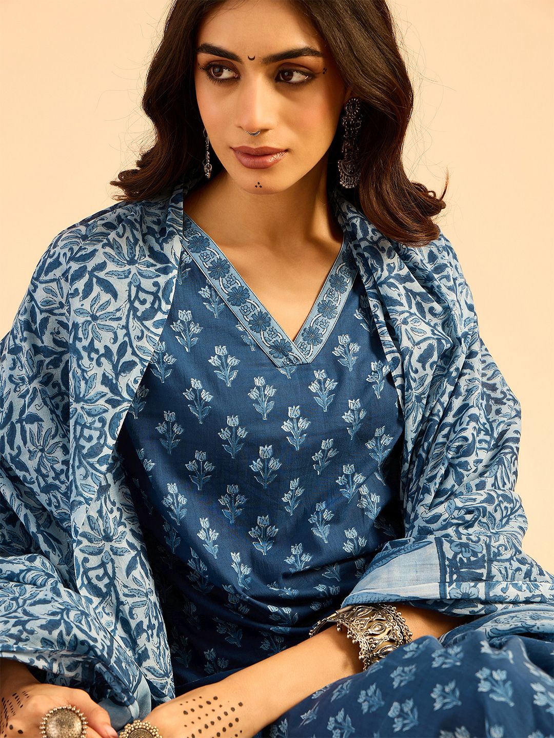 Floral Printed Pure Cotton Kurta With Palazzos & Dupatta