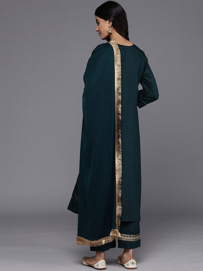 Indyancart VA Women'sGreen Ethnic Motifs Embroidered Straight Kurta With Trousers & Dupatta
