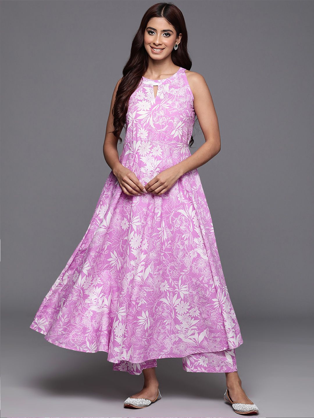 Dhiyona VA Women'sFloral Printed Keyhole Neck Pure Cotton Anarkali Kurta with Palazzos